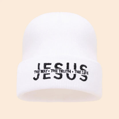 White knit beanie with black embroidered jesus the way the truth the life text, warm autumn winter hat for men and women