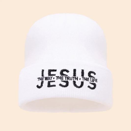 White knit beanie with black embroidered jesus the way the truth the life text, warm autumn winter hat for men and women