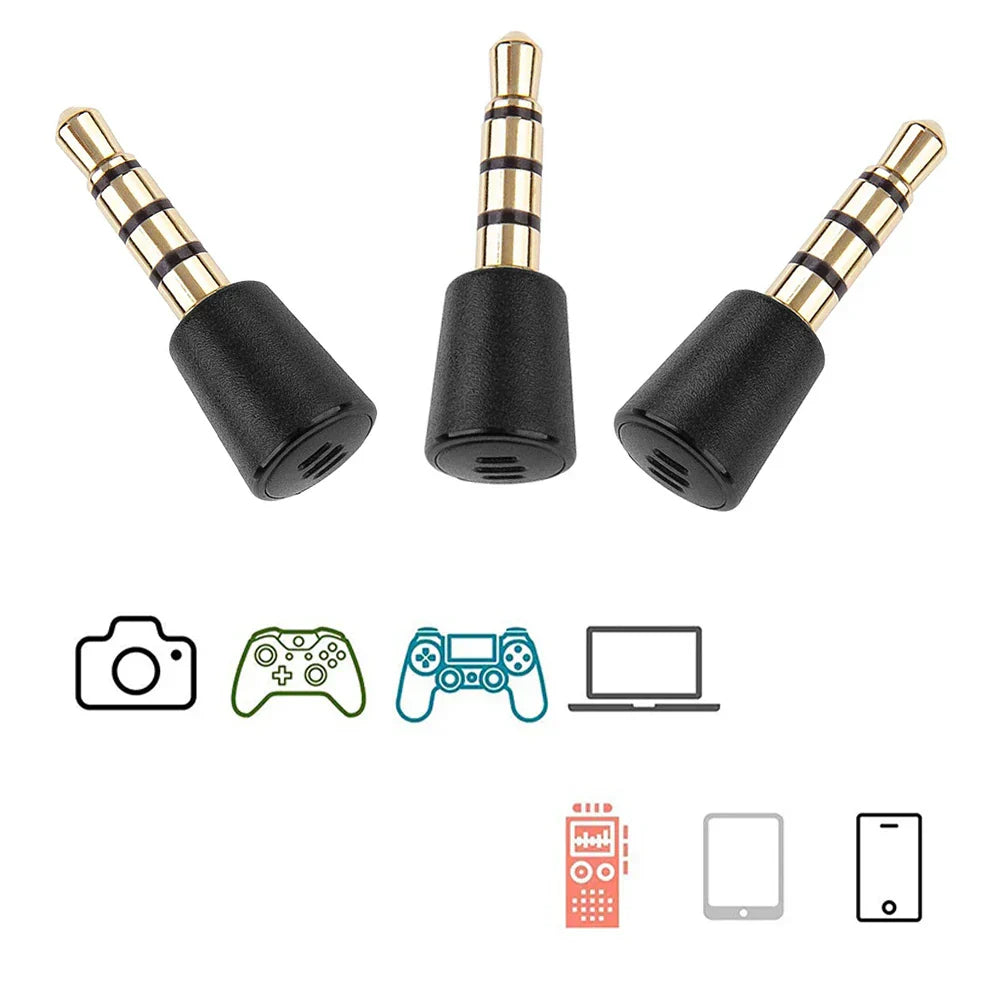 Three black plastic to metal 3.5mm audio adapter tips with gold-plated connectors for portable recording gamepad use