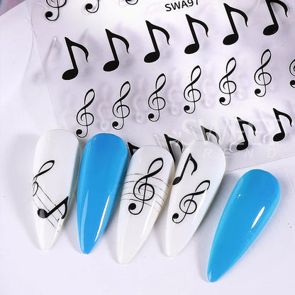 Blue and white nail art with 3pcs musical notes stickers 3d black featuring y2k metallic holographic treble clefs design
