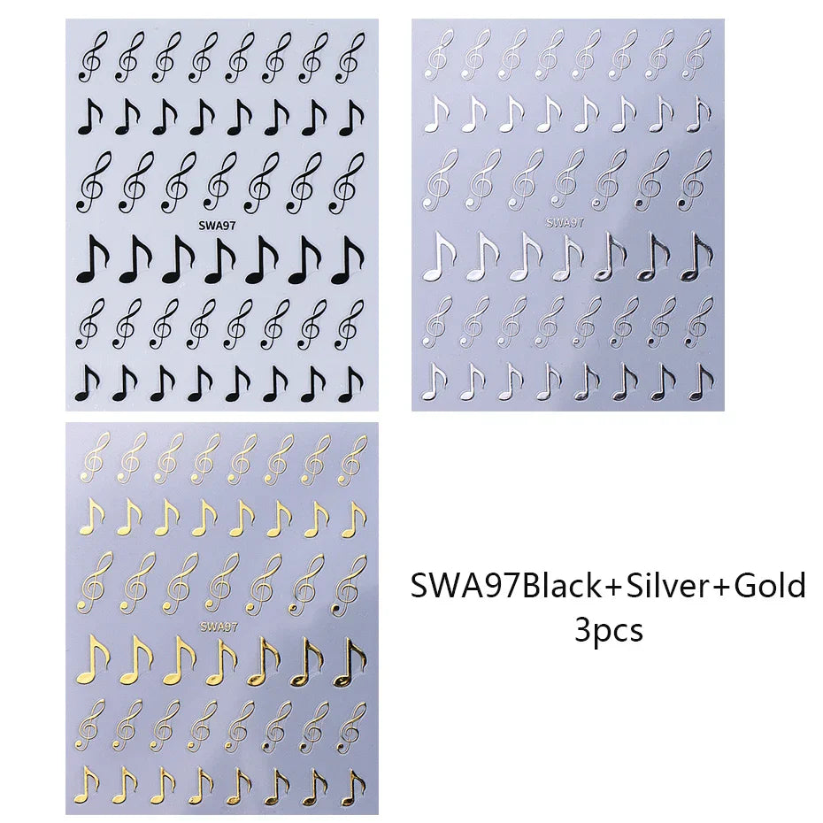 3pcs musical notes nail stickers 3d black gold silver y2k metallic holographic symbols for diy nail decor