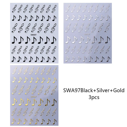 3pcs musical notes nail stickers 3d black gold silver y2k metallic holographic symbols for diy nail decor