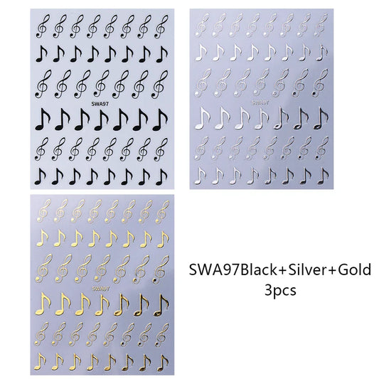 3pcs musical notes nail stickers 3d black gold silver y2k metallic holographic symbols for diy nail decor