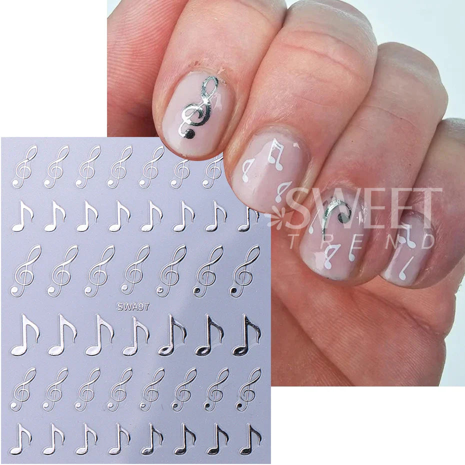 Silver and black 3pcs musical notes stickers 3d black y2k metallic holographic nail decals on light purple sheet
