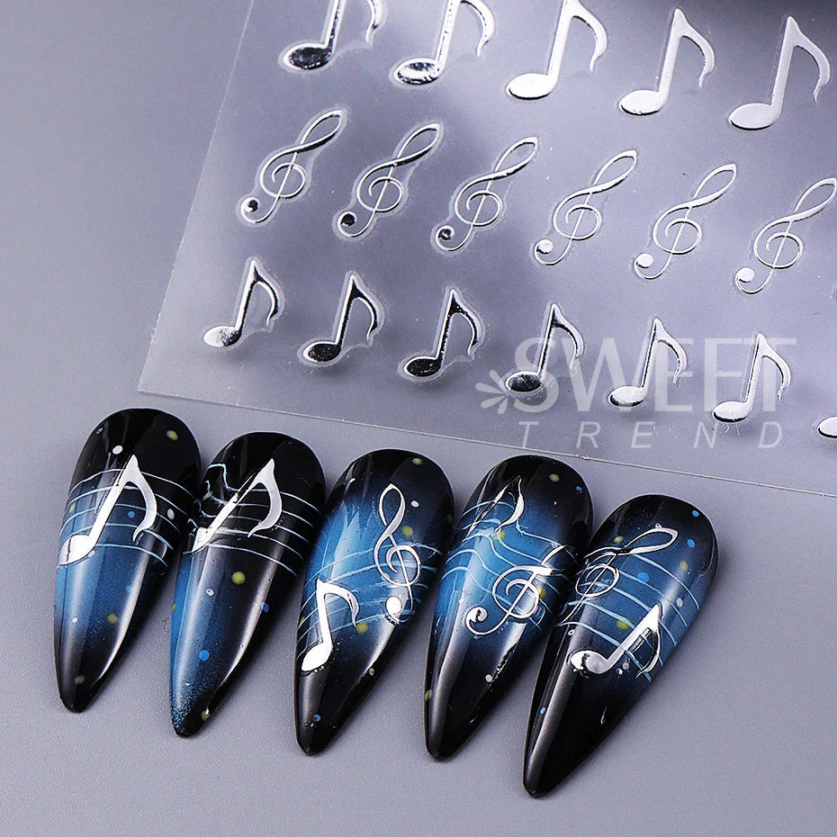 Set of five long black and blue gradient nails with white 3pcs musical notes stickers 3d black y2k metallic holographic design