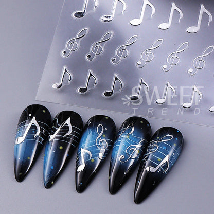 Set of five long black and blue gradient nails with white 3pcs musical notes stickers 3d black y2k metallic holographic design
