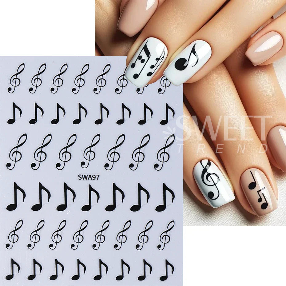 White nail decals with stickers 3d black musical notes and treble clefs in y2k metallic holographic style on adhesive paper