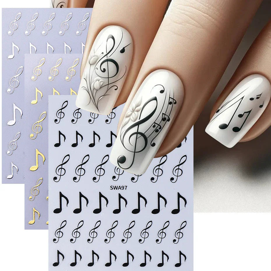 White nails with 3pcs musical notes stickers 3d black and silver y2k metallic holographic nail decor design