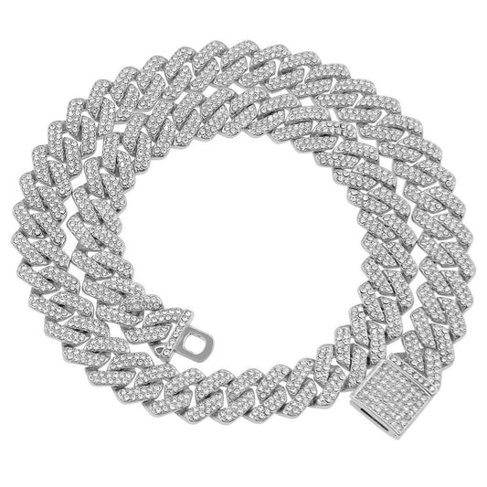 Silver-toned cuban link chain bracelet with densely set clear crystals from a 3pcs hip hop jewelry set for men