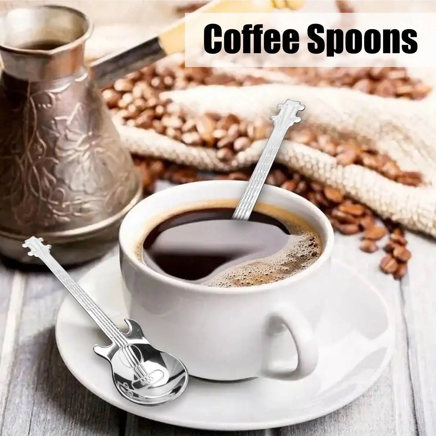 3pcs stainless steel steel guitar coffee teaspoons with shiny silver detailed string and fretboard designs for creative use