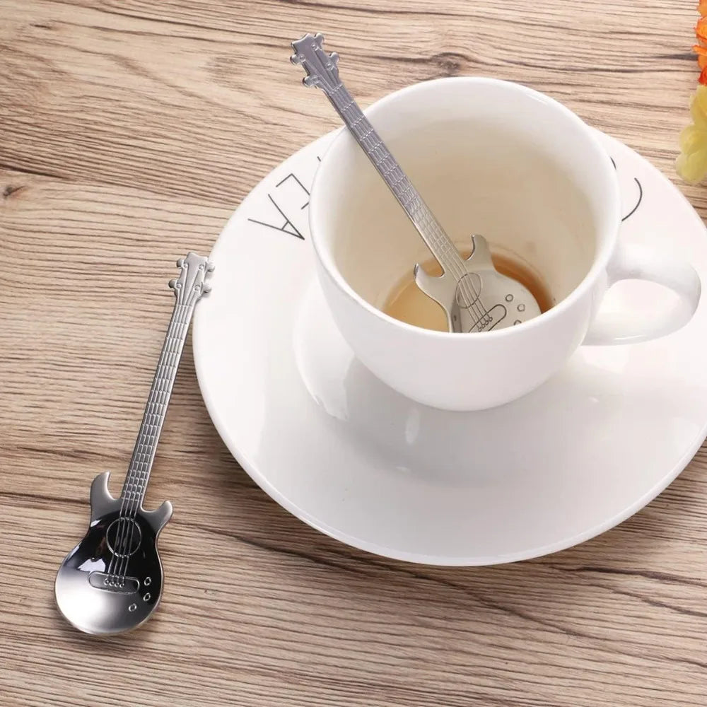 Silver steel guitar coffee teaspoon with detailed fretboard and pickguard design from 3pcs stainless steel set