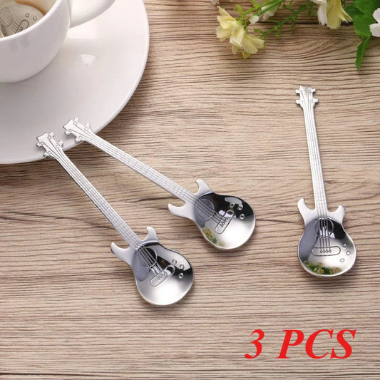 Three shiny silver 3pcs stainless steel guitar coffee teaspoons with detailed string patterns for creative use
