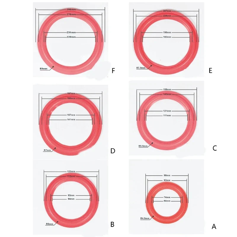 Red silicone speaker foam surround rings in varying sizes labeled a to f for improving sound quality in portable devices