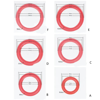 Red silicone speaker foam surround rings in varying sizes labeled a to f for improving sound quality in portable devices
