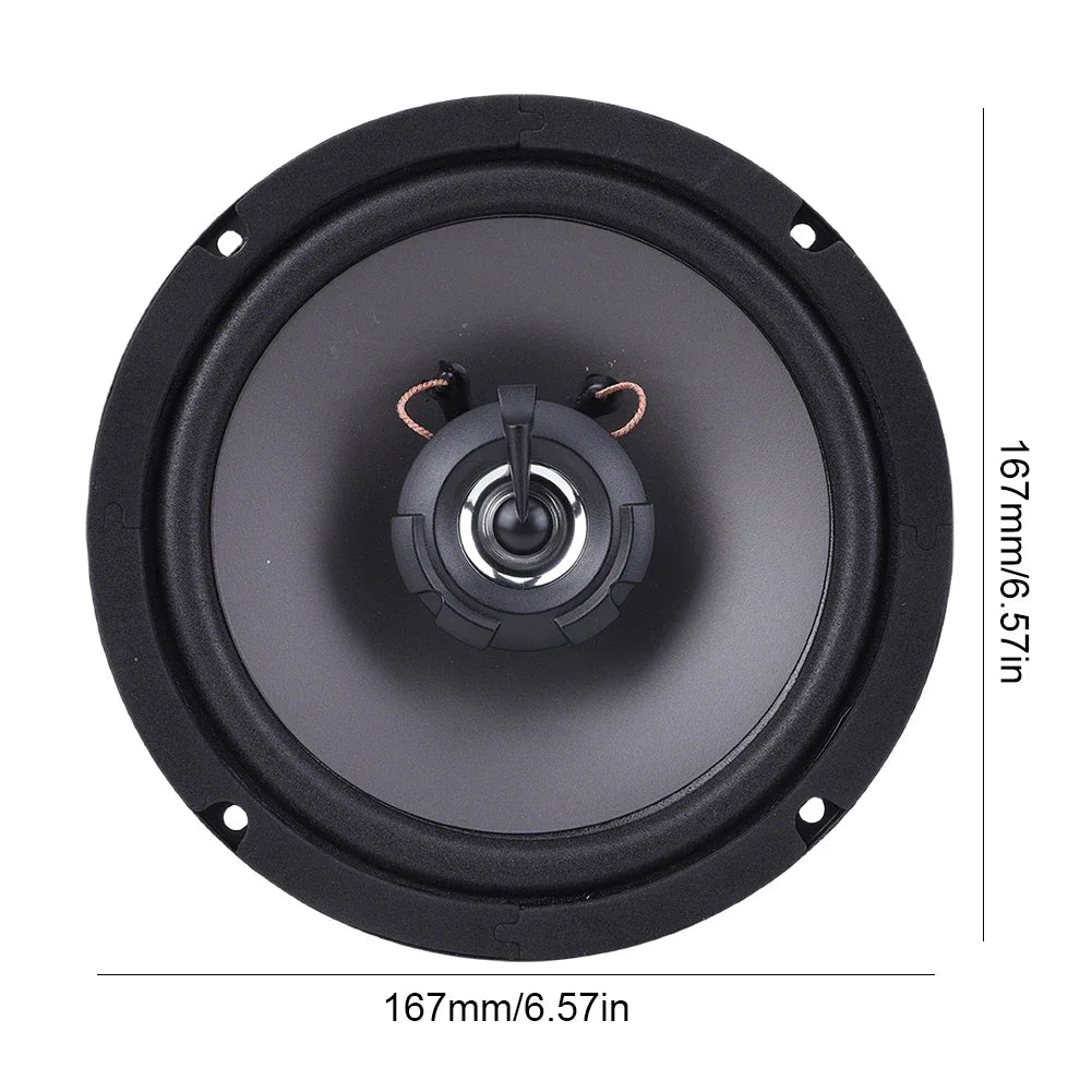 Black 6.5-inch hiFi coaxial car stereo speaker with central cone for full frequency car audio performance