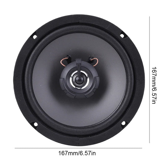 Black 6.5-inch hiFi coaxial car stereo speaker with central cone for full frequency car audio performance