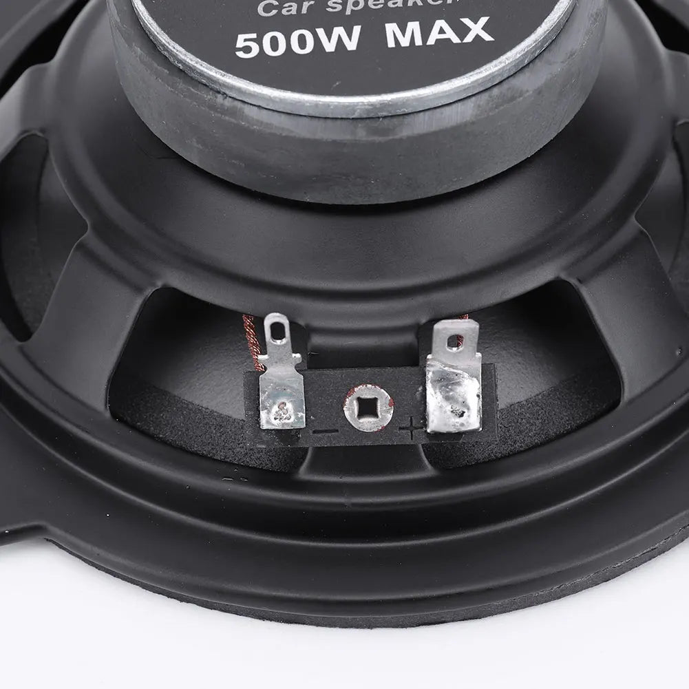 Black car hifi coaxial speaker with 500w max rating and silver terminal connectors for universal auto audio use