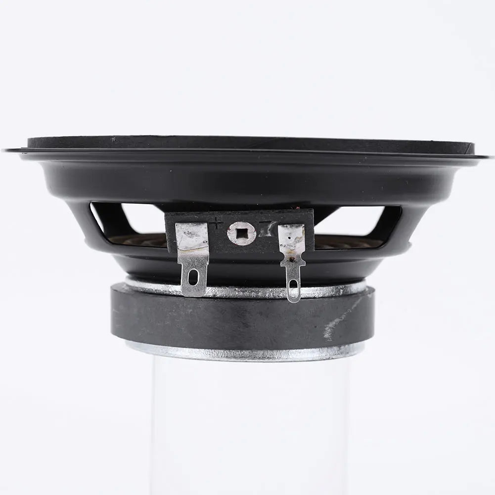 Black plastic car hifi coaxial speaker with silver metal terminals and circular mounting ring for car audio system