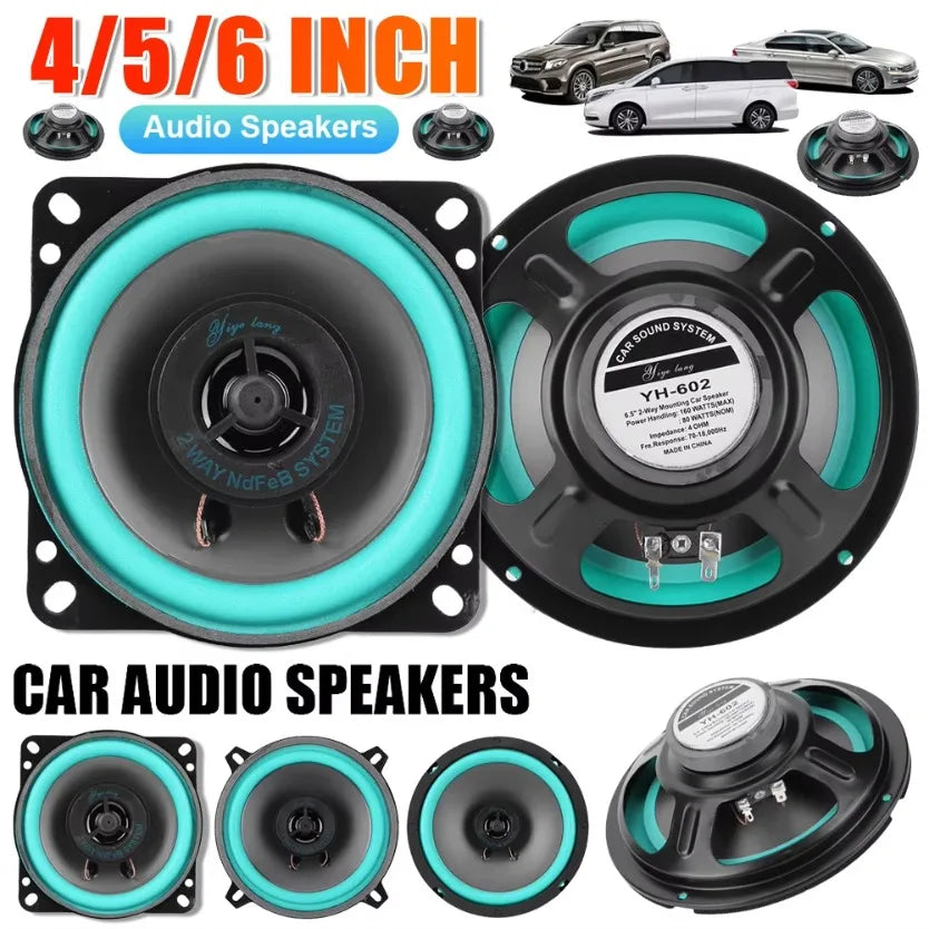 Black and teal 4.5-inch hifi coaxial subwoofer with silver terminals for universal automotive audio installation