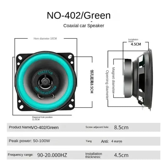 Green 4 inch coaxial car speaker with black frame and silver magnet model no-402 hifi coaxial subwoofer universal automotive audio