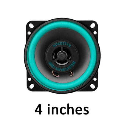 A 4-inch roadstar inch car speaker with teal cone surround and 2way ndfeb system for hifi coaxial subwoofer audio music stereo