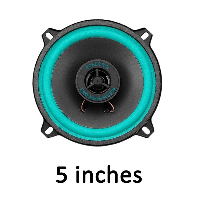 A 5 inch roadstar car speaker with black cone teal surround and central dust cap for hifi coaxial subwoofer audio music stereo