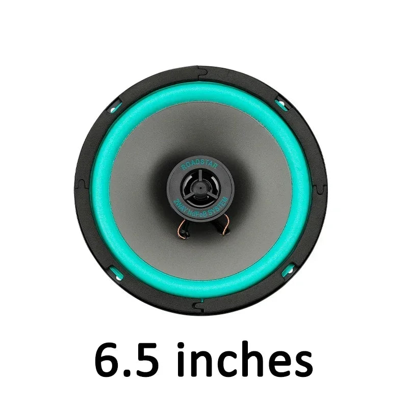 A 6.5-inch hifi coaxial subwoofer car speaker with black frame gray cone and teal accent ring for audio music stereo