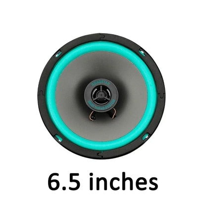 A 6.5-inch hifi coaxial subwoofer car speaker with black frame gray cone and teal accent ring for audio music stereo