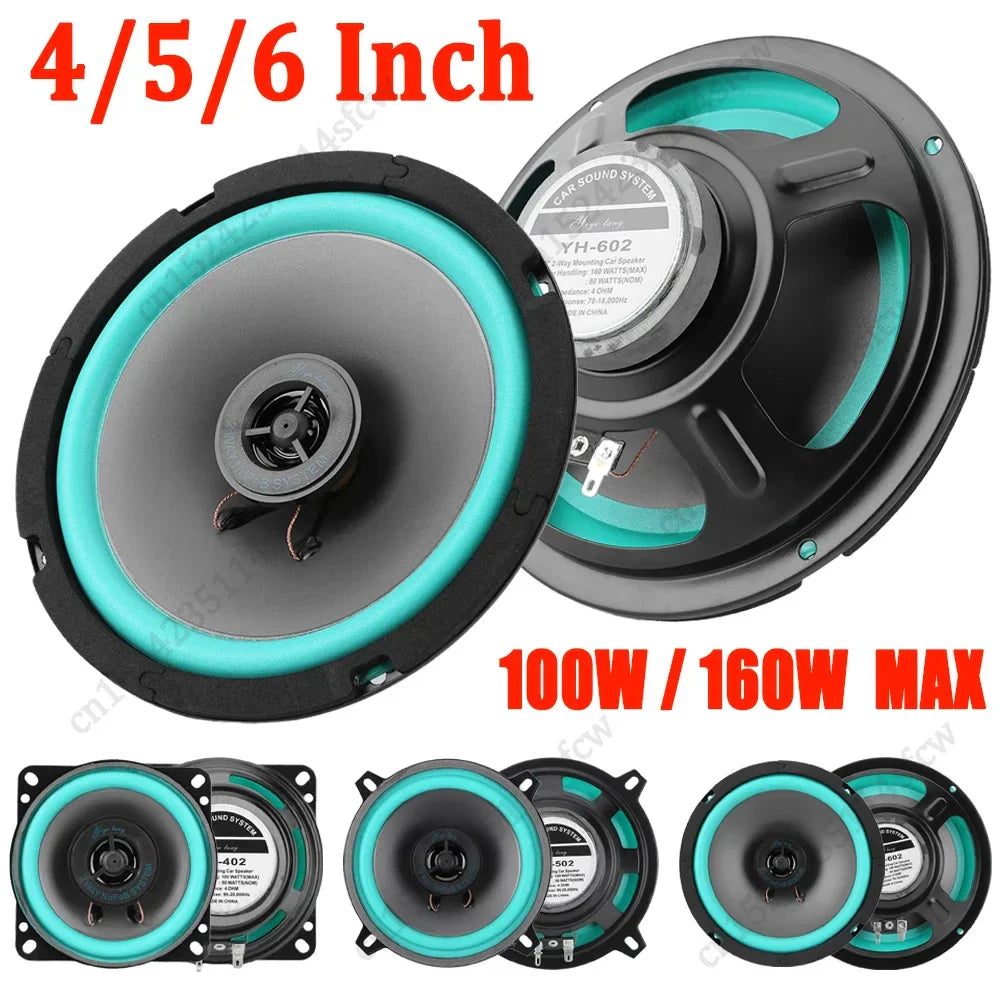 Black and teal 4/5/6 inch car speakers with sleek modern design 100w 160w max universal hi fi coaxial subwoofer