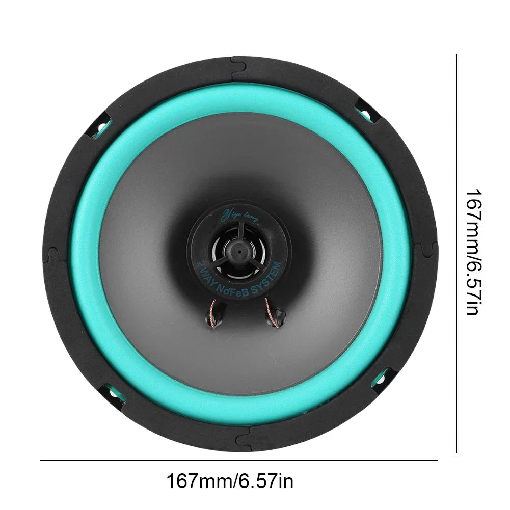Teal and black 6.5 inch car speakers 160w max universal coaxial subwoofer with central cone and wiring terminals