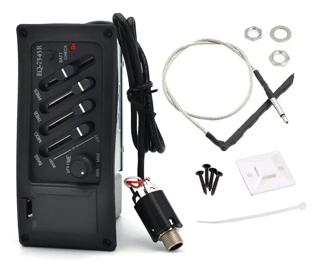 Black eq-754r 4/5 band acoustic guitar preamp eq with five control knobs and mounting hardware for piezo pickup tuner amplifier