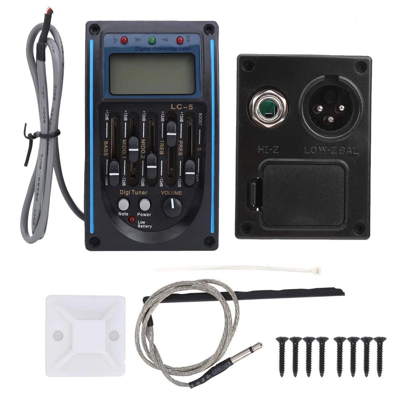 Black digital acoustic guitar preamp with blue backlighting piezo pickup tuner and control knobs pickup tuner amplifier