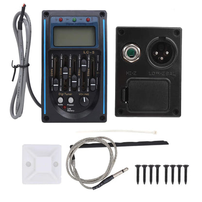 Black digital acoustic guitar preamp with blue backlighting piezo pickup tuner and control knobs pickup tuner amplifier