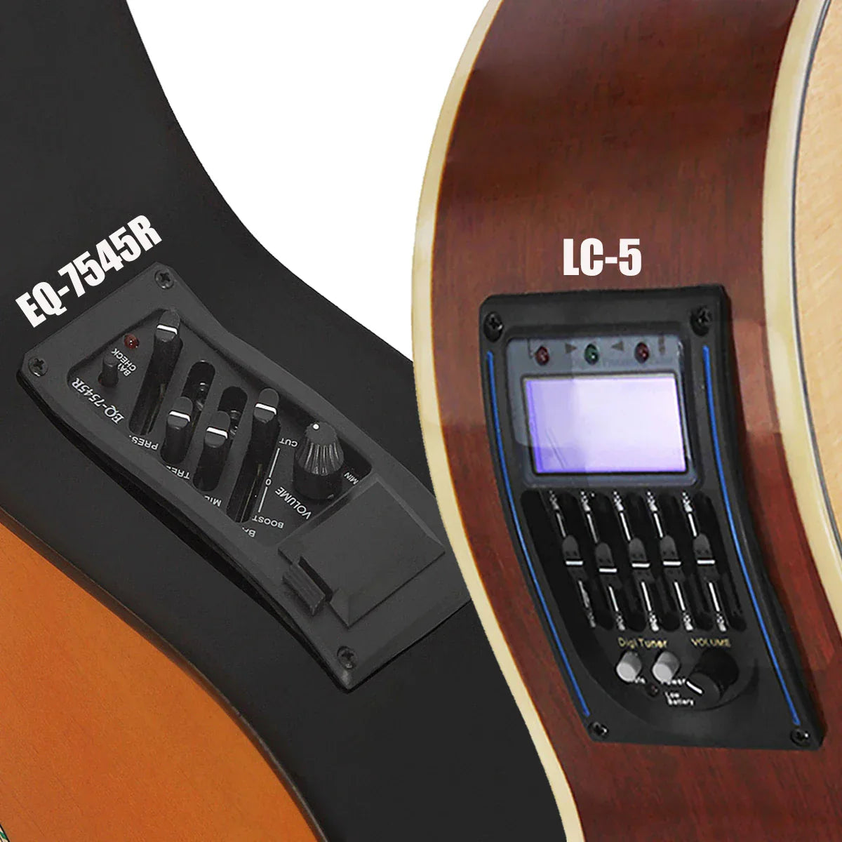 Black eq-7545r and lc-5 4 5 band acoustic guitar preamp eq with control knobs piezo pickup tuner amplifier