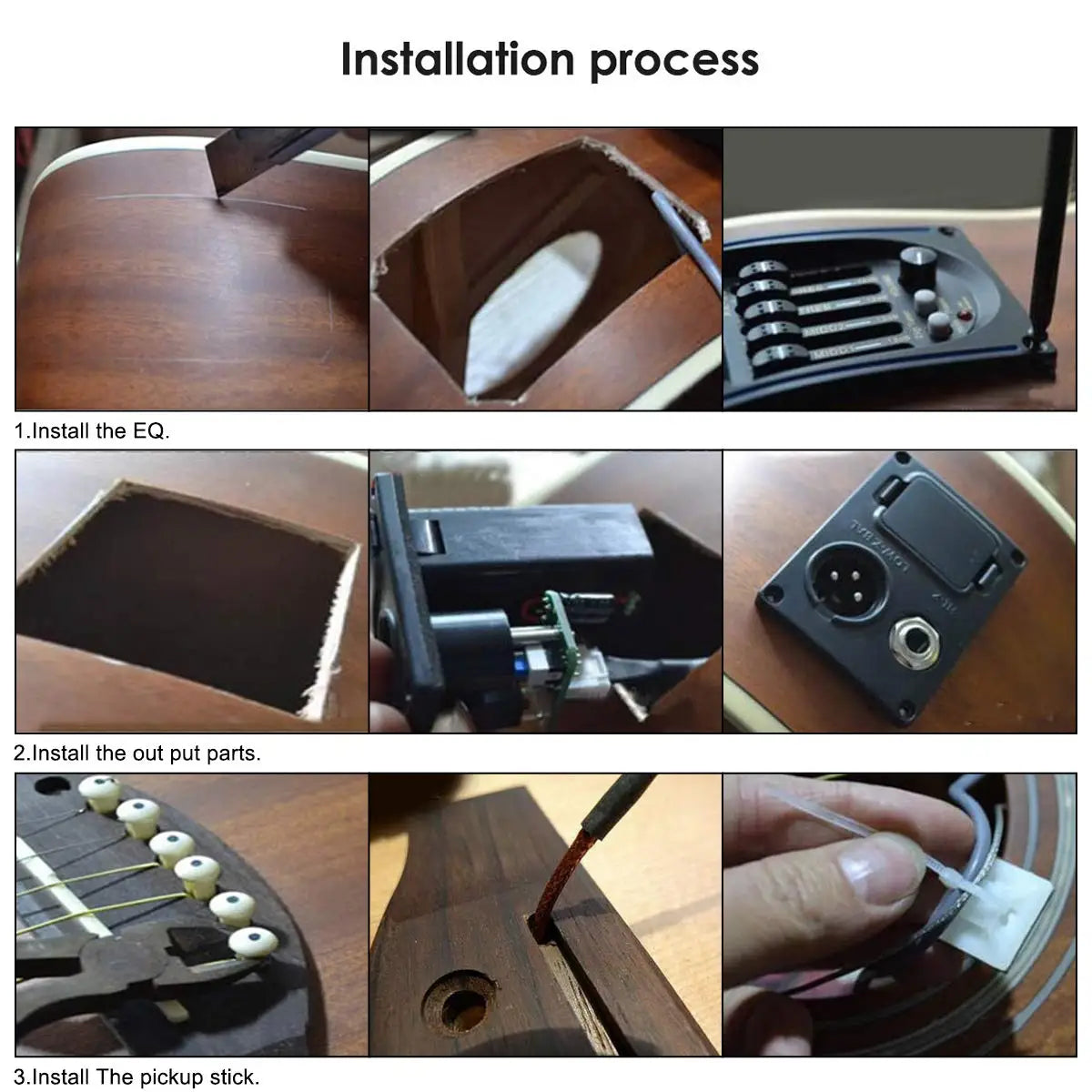 Black 4/5 band acoustic guitar preamp eq with adjustable knobs and input jacks for piezo pickup tuner amplifier installation