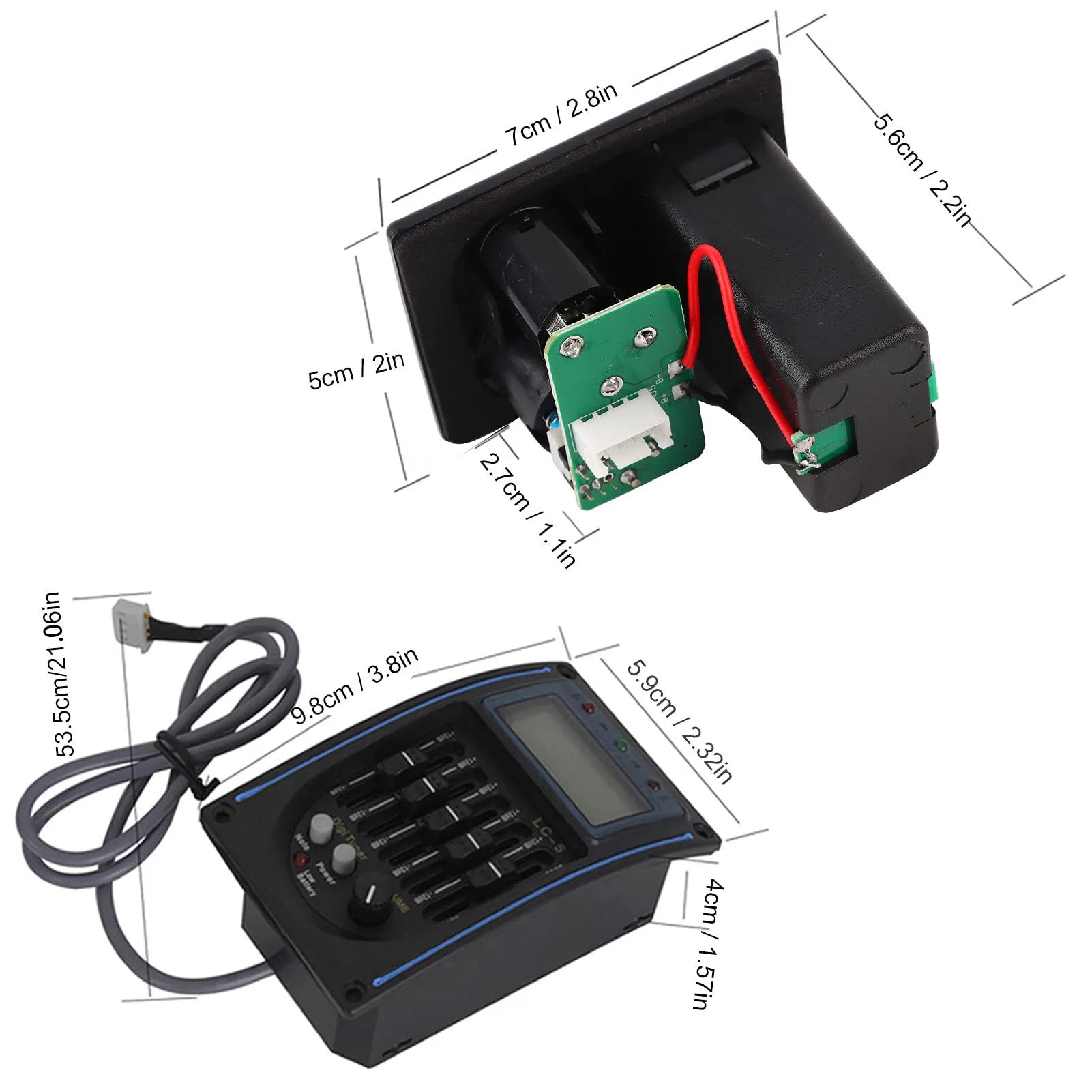 Black electronic acoustic guitar preamp control panel with digital display knobs and coiled gray cable for piezo pickup tuner amplifier