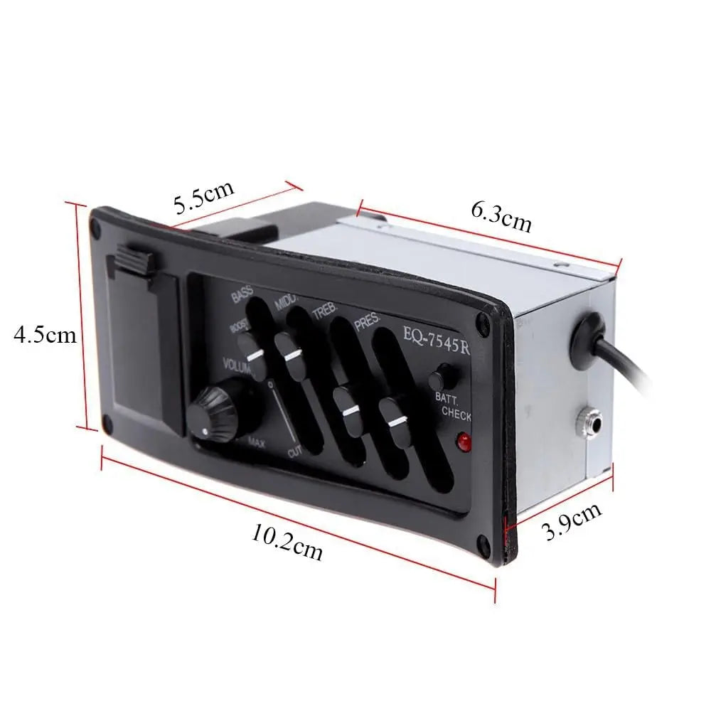 Black and silver eq-7545r 4/5 band acoustic guitar preamp eq with five knobs for bass mid treble preamp gain and volume piezo pickup tuner amplifier