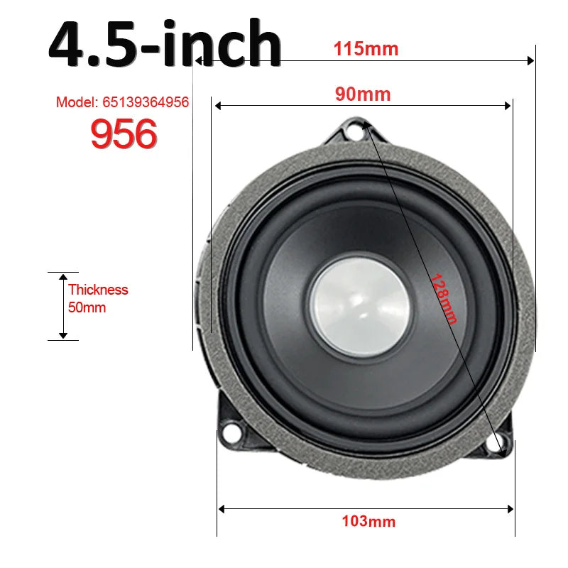4.5 inch black midrange horn speaker model 956 with silver center cone and gray textured frame for BMW door audio