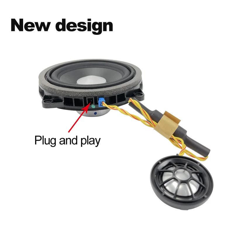 Black and silver 4.5 inch horn midrange door speaker for BMW with plug and play connector for easy installation