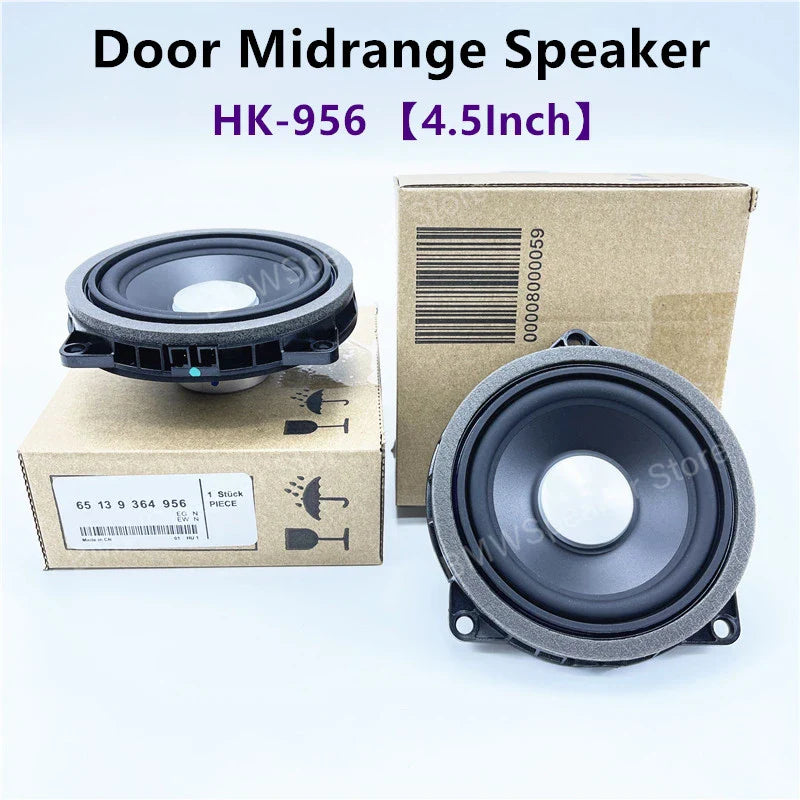 Black 4.5 inch hk-956 midrange door speaker with circular design and mounting brackets for BMW G20 G30 G01 car audio