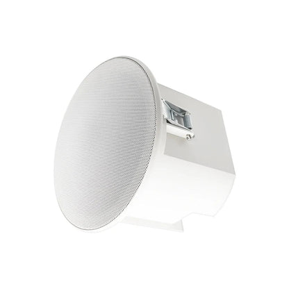 White circular quality ceiling speaker with fine mesh grille and metallic bracket for theater background music use