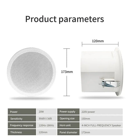 White 4 inch full frequency quality ceiling speaker with mesh grille and mounting bracket for theater background music