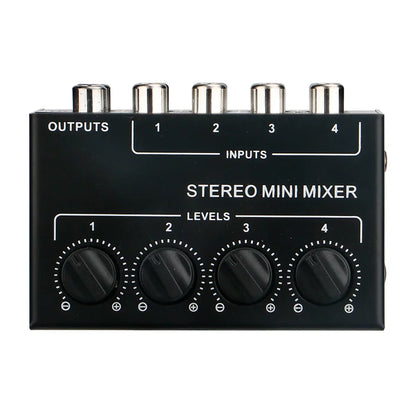Black stereo passive mixer with four silver rca inputs and outputs and four black rotary knobs for audio adjustment
