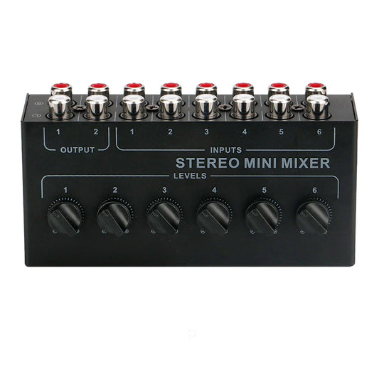Black stereo passive mixer with six silver rca input and output ports and six rotary knobs for audio mixer portable use