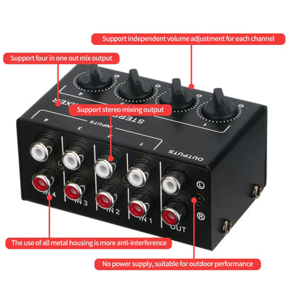 Black metal stereo passive mixer with four rca inputs, independent volume controls, and one output for portable audio use