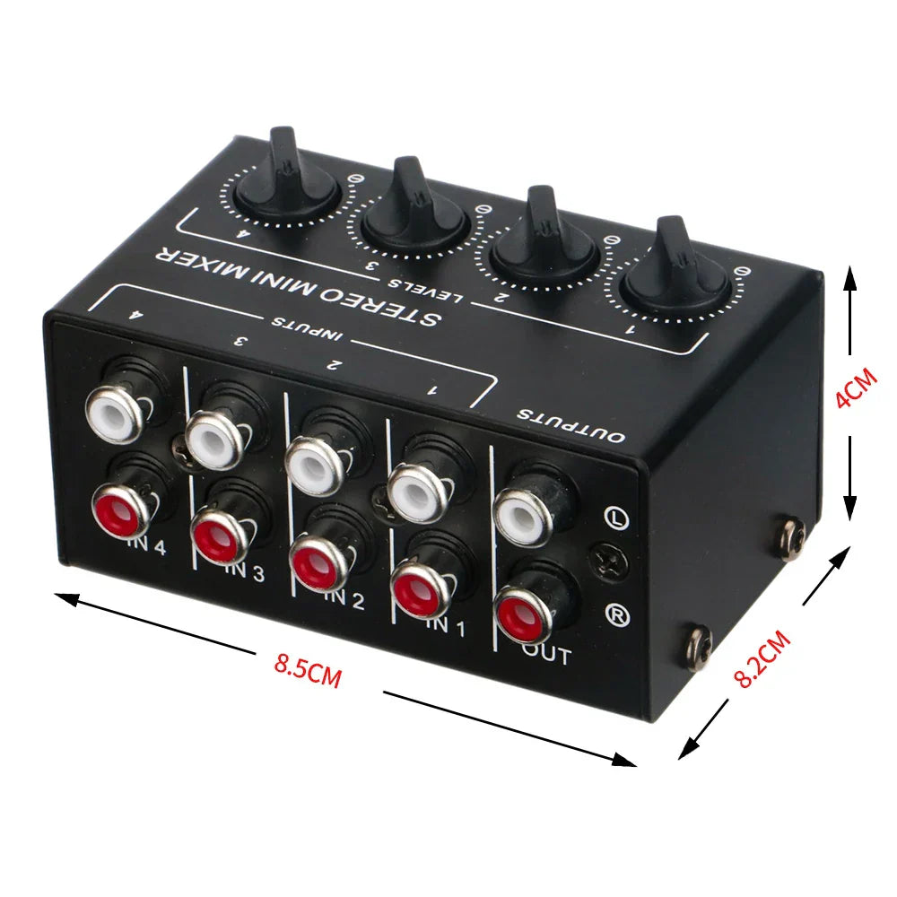 Black stereo passive mixer audio with four rotary knobs and red and white rca input output for portable use
