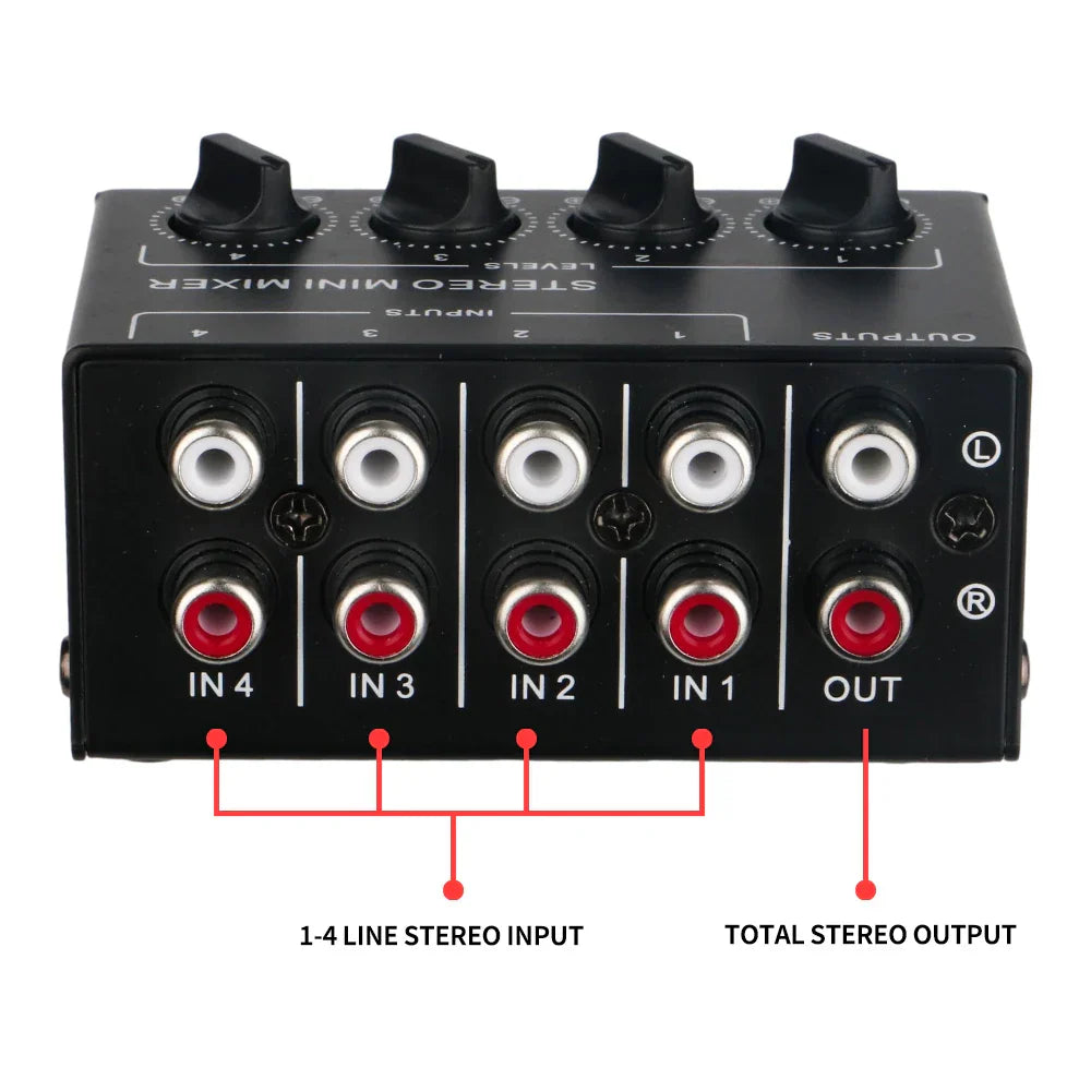 Black stereo passive mixer audio with four input jacks and rca connectors for portable live studio use