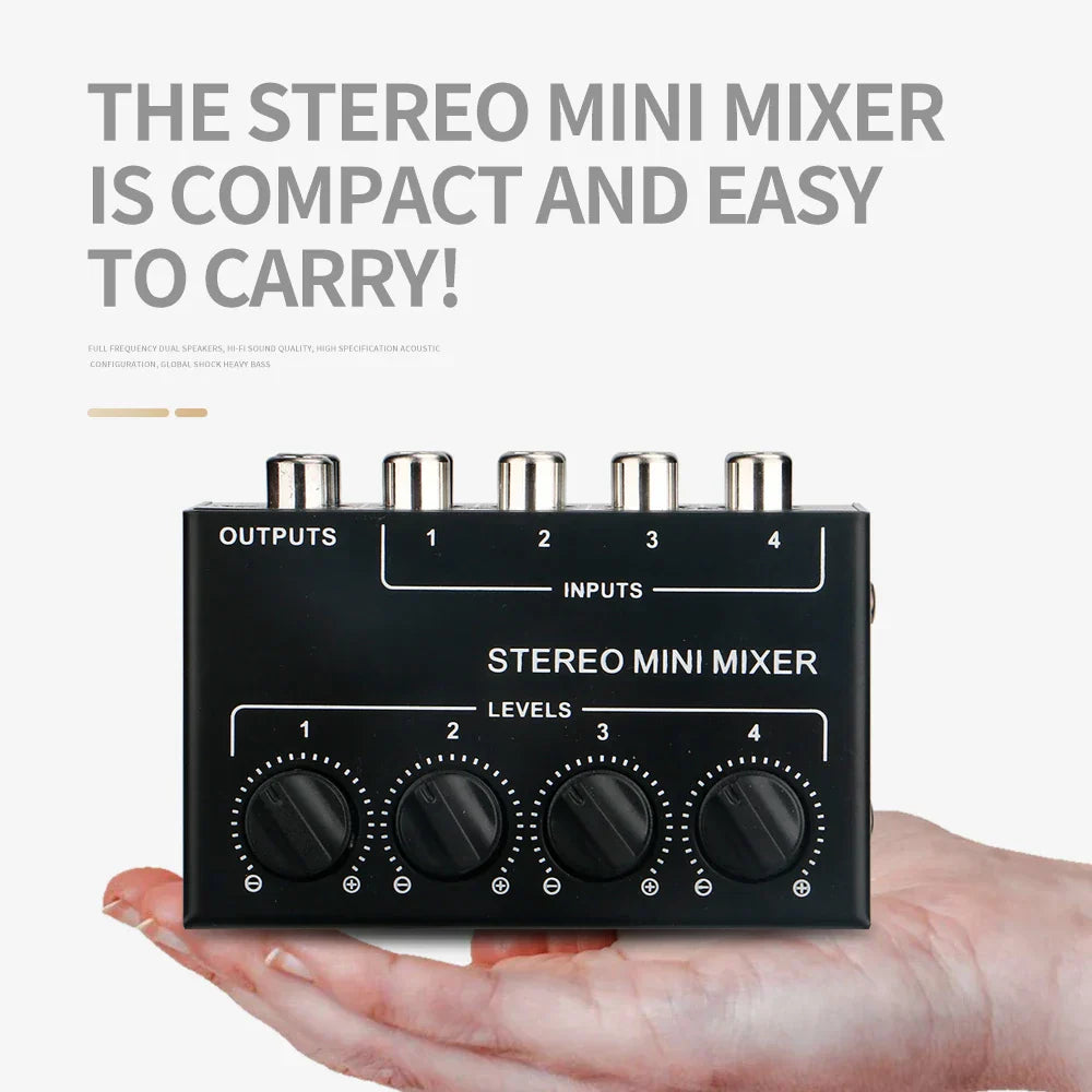 Black stereo passive mixer audio with four silver rca inputs outputs and black rotary knobs portable sound mixer