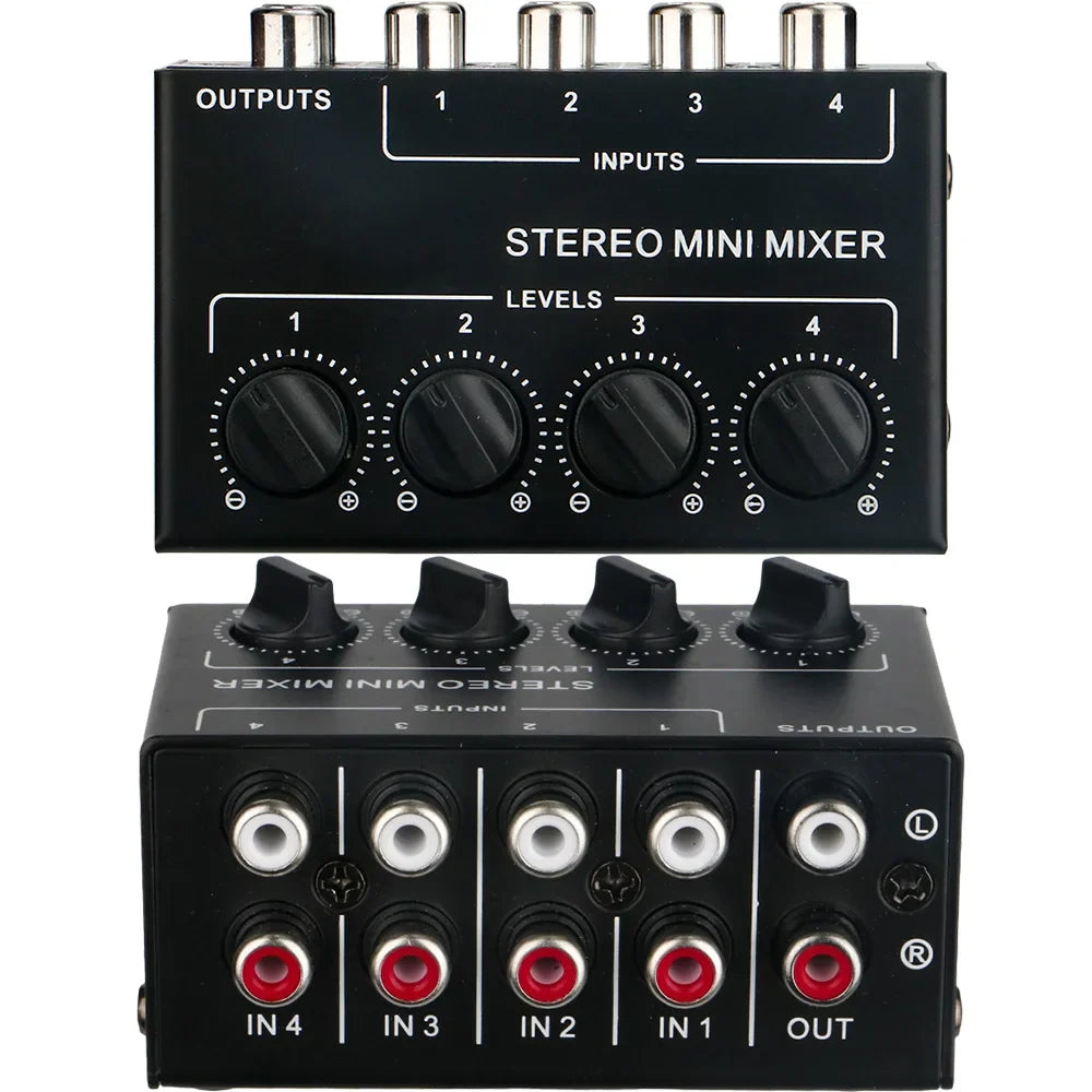 Black stereo passive mixer audio with four rca inputs and l r outputs for portable sound mixing in live studio use