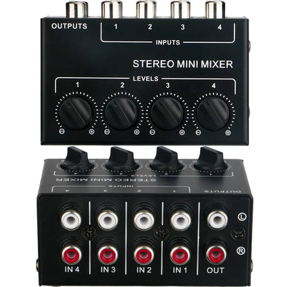 Black stereo passive mixer audio with four rca inputs and l r outputs for portable sound mixing in live studio use
